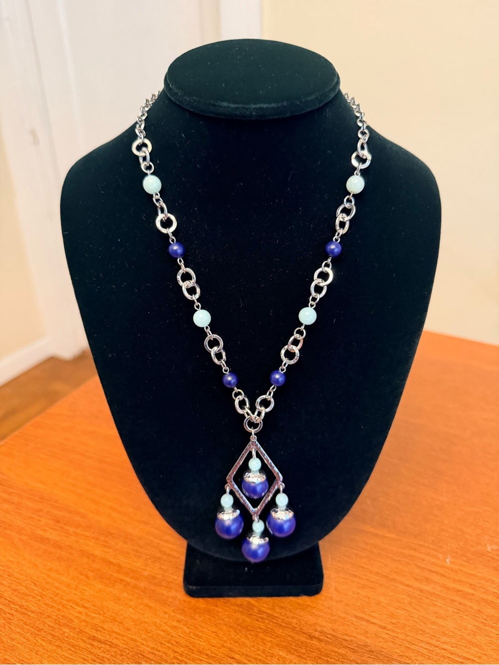 Lia Sophia Silver Tone Blue Aqua Beaded Dangle Statement Necklace